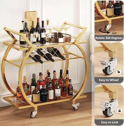 LVB Gold Bar Cart with Glass, Bar Cart with Wheels, Wine Cart with Storage | 2 Tier Glass Shelves Home Bar Serving Cart with Wine Rack, Liquor Cart for Kitchen, Bar, Dinning Room