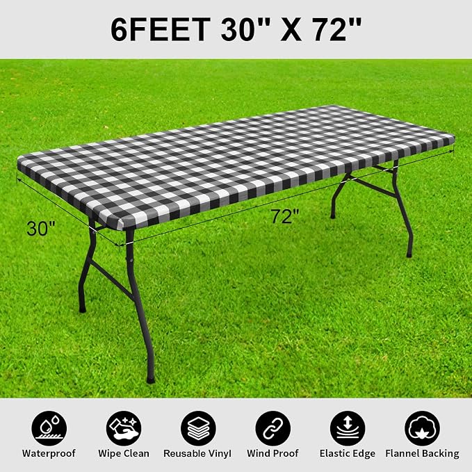 Smiry Rectangle Picnic Table Cloth, Elastic Waterproof Fitted Vinyl Tablecloths, Flannel Backed Buffalo Plaid Table Covers for Dining, Camping, Outdoor (Black and White, 30" x 72")