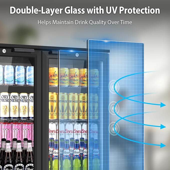 ORYMUSE 36 Inch Commercial Back Bar Cooler with 2 Glass Doors, 7.2 Cu.Ft Under Counter Beverage Refrigerator with Safety Lock and LED Light for Bar, Restaurant and Home, Black
