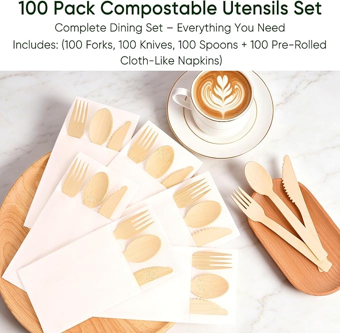 Napkin and Bamboo Cutlery Set, Compostable Utensils Disposable Cutlery for Party, Wedding, BBQ, Camping, Events-100 Pack (Forks, Knives, Spoons, Folded Napkins)