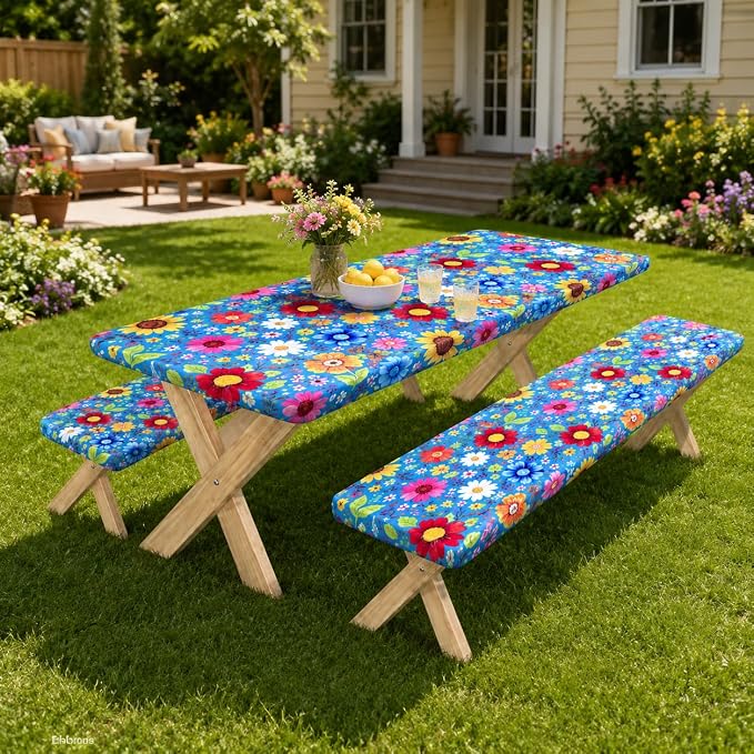 Cinrobiye 3PCS Floral Picnic Table Cover Set Fitted Elastic Waterproof Tablecloth with Bench Covers Blue Flower Camping Table Cover for Outdoor Picnic Camping Backyard BBQ 72 x 30 Inch