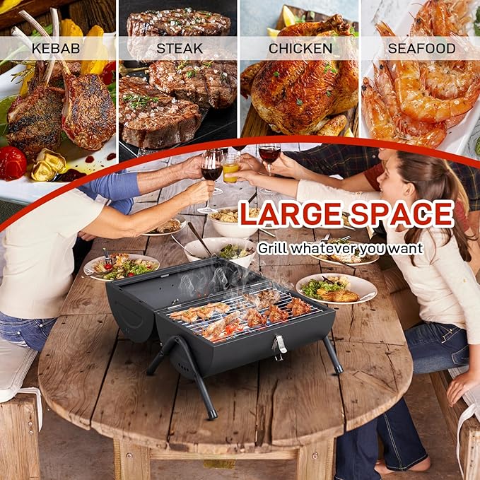 15" Portable Charcoal Grill,Tabletop Outdoor Barbecue Smoker,Heavy Duty Outdoor BBQ Grill,Vertical Camping Barbecue Grill,with Thermometer & Wooden Handle,for Garden Patio Beach Backyard (Black)