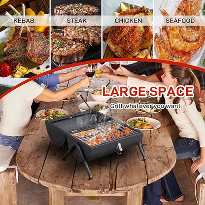 Portable Table Top Charcoal Grill with Thermometer – 13.5x8.5 Inch Compact BBQ for Camping/Backyard/Picnic, Built-in Airflow Control & Secure Lid Lock, Heavy-Duty Steel & Anti-Slip Feet (6.6lbs)