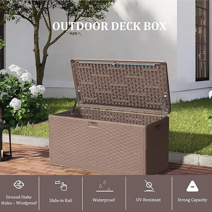 73 Gallon Pro Waterproof Outdoor Storage Pro Resin Deck Box Bin for Patio, Poolside, and Garden, Lockable & UV-Resistant, Ideal for Small Spaces, Brown