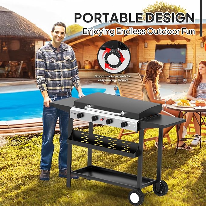 ROVSUN 4 Burner Portable Propane Griddle with Electronic Ignition, 40000 BTU Rolling Flat Top Gas Grill with Enameled Tray & Lid, Side Shelves & Regulator for Outdoor Cooking Camping BBQ Tailgating