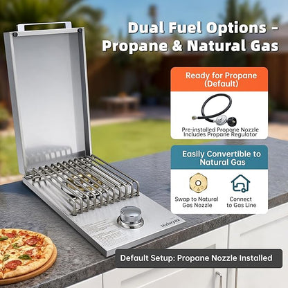 Built-in Single Side Grill Burner with Cover, Silver 304 Stainless Steel Side Burner for Outdoor Kitchen, Propane & Natural Gas, Outdoor BBQ for Family Patio Parties