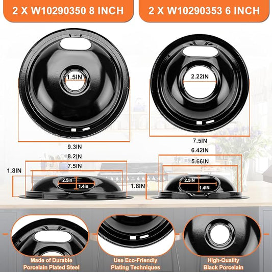 W10290350 W10290353 Porcelain Burner Drip Pans & MP22YA Electric Range Burner Element Unit Set & 330031 Range Burner Receptacle Kit by Cenipar-Compatible with Whirlpool Frigidaire Range Oven/Stove