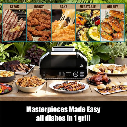 OLIXIS Electric Grill Outdoor/Indoor, 8-in-1 Multifunctional Large Electric BBQ Grill for Air Fry, Bake, Roast, Steak, Broil and Dehydrate, Safe Non-Stick Coating, Fry Basket Included