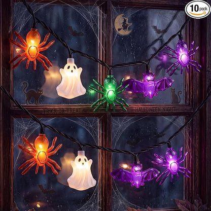10LED Ghost Bat Spider String Lights, 8.5Ft Halloween Decorations Outdoor | End-to-end Connectable, Waterproof & UL Listed, Plug-in Fairy Lights for Home Window Halloween Party Decor, 2700K Warm White