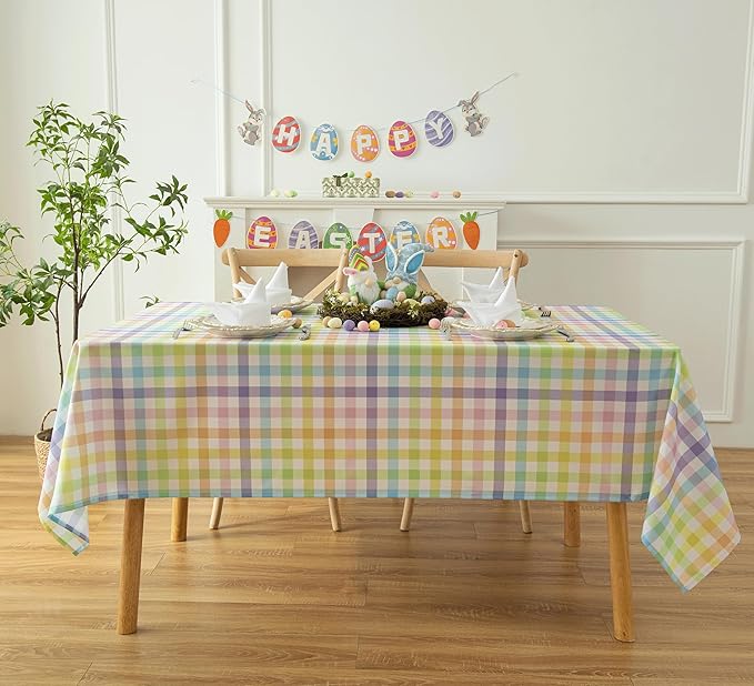 Classic Gingham Buffalo Easter Tablecloth Fabric - Rectangle 58x144 Inch Water Proof Checkered Table Cloth for Indoor Outdoor - Colorful Table Cover for Festival, Holiday, Spring