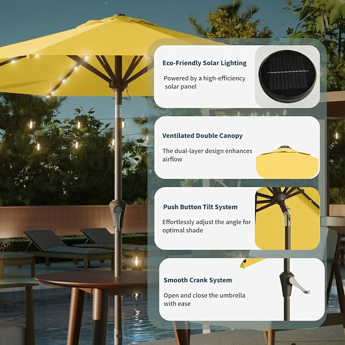 10FT Solar Umbrella 32 LED Lighted Patio Umbrella Table Market Umbrella w/Tilt and Crank, UV-Resistant Outdoor Umbrella for Pool, Garden, Deck, Sunshine Yellow