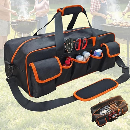 Grill Tool Storage Bag, 22"Large Capacity BBQ Tool Bag with 6 Pockets, 1680D Heavy Duty Blackstone Griddle Accessories Storage, Outdoor Camping Utensil Organizer with Shoulder Strap, Bag Only