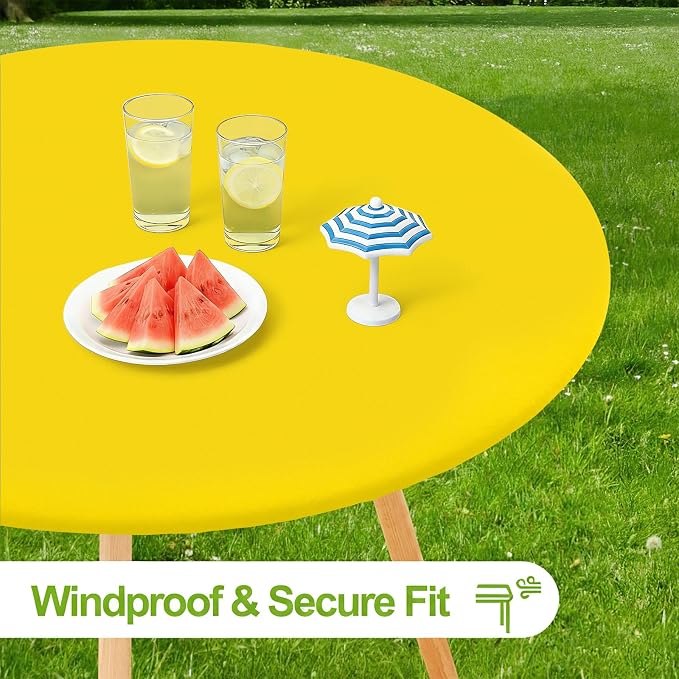 Smiry Round Spandex Tablecloth, Waterpoof Stretch Picnic Table Cover for 45"-56" Tables, Elastic Fitted Washable Tablecloths Dining, Indoor and Outdoor, Yellow