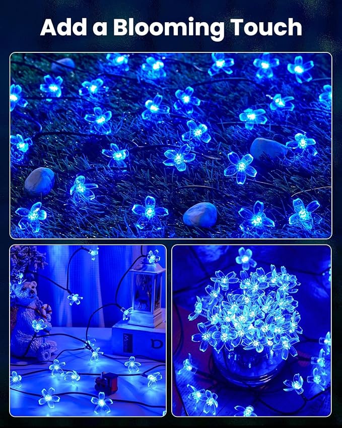 Brightown 60 LED Flower Solar String Lights Outdoor Waterproof, Fairy Lights for Garden Yard Fence Patio Christmas Tree Wedding Party Decor,Blue, 2 Pack