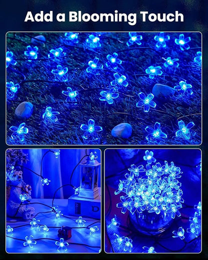 Brightown 60 LED Flower Solar String Lights Outdoor Waterproof, Fairy Lights for Garden Yard Fence Patio Christmas Tree Wedding Party Decor,Blue, 2 Pack