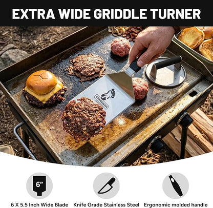 Sasquash Mammoth Smash Burger Spatula, Stainless Steel, 6 x 5.5 Inch Blade | Extra Wide Turner Built For Kitchen Use, Heavy Duty Flat Top Cooking Tool, Griddle Cooking Essential Item, Cookout Season