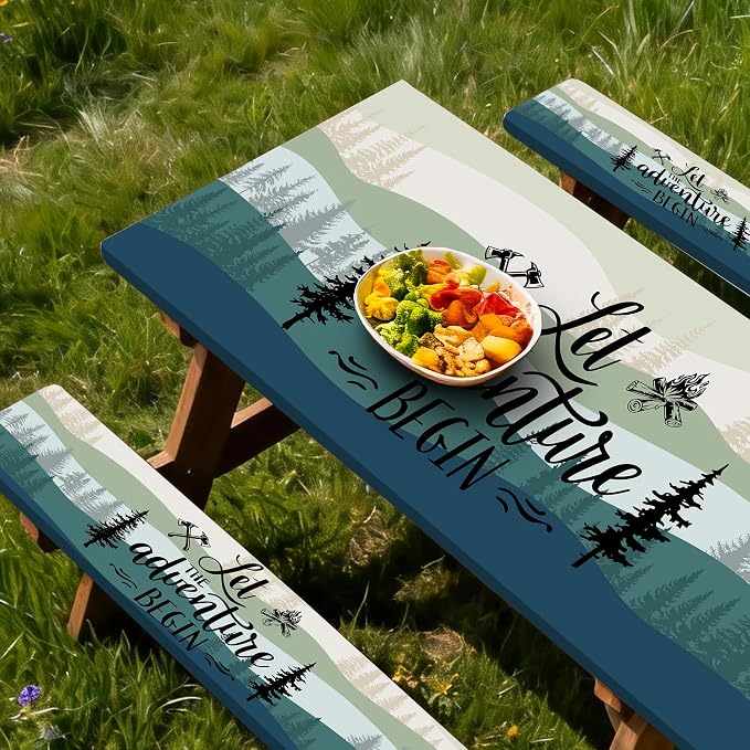 Picnic Table Cover with Bench Covers, Rectangle Tables, Waterproof Elastic Fitted Tablecloths for 6 Foot, Washable Tablecloth for Camping, Outdoor (Green, 30"x72")