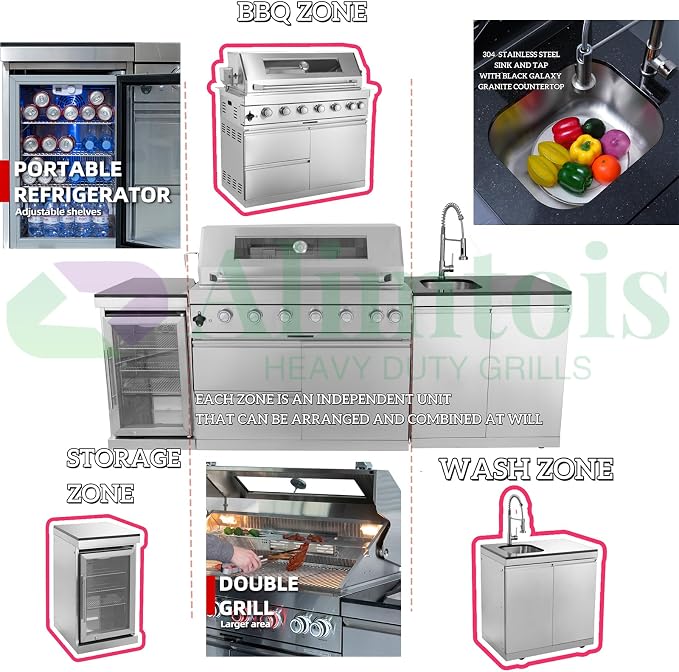 BBQ Island Outdoor Kitchen: 96-Inch 6-Burner 85000 BTU Modular Outdoor Grill Islands with Grill + Wine Cooler Refrigerator + Rotisserie + / Steel Sink/Storage Cabinets & Drawers