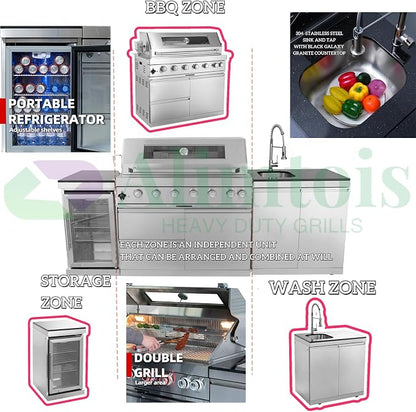 BBQ Island Outdoor Kitchen: 96-Inch 6-Burner 85000 BTU Modular Outdoor Grill Islands with Grill + Wine Cooler Refrigerator + Rotisserie + / Steel Sink/Storage Cabinets & Drawers