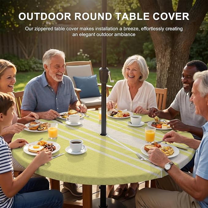 Outdoor Fitted Tablecloth with Umbrella Hole and Zipper, Yellow Beige Striped Elastic Round Patio Table Cover, Farmhouse Retro Lines Modern Windproof Table Protector for Backyard BBQ Party 55''-60''