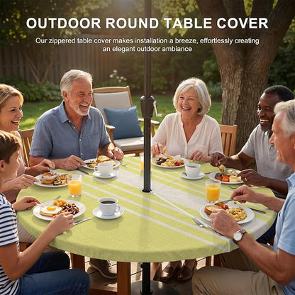 Outdoor Fitted Tablecloth with Umbrella Hole and Zipper, Yellow Beige Striped Elastic Round Patio Table Cover, Farmhouse Retro Lines Modern Windproof Table Protector for Backyard BBQ Party 45''-54''