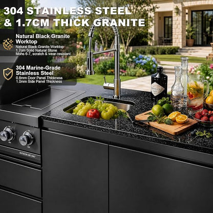 110.7" 4-Burner Modular Outdoor Kitchen Island, 72000 BTU Propane Gas Grill | Side Stove, Rear Infrared, Galvanized Steel Roof, Granite Countertop, Fridge, 360° Pull-Out Faucet,304 Sink, Rotisserie