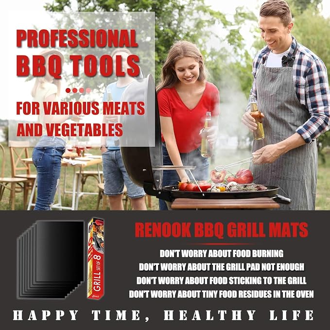 Grill Mats for Outdoor Grill, Set of 8 BBQ Grilling Mat for Outdoor Gas Grill Cooking,15.75 X 13 Inch, Black (Pack of 2)