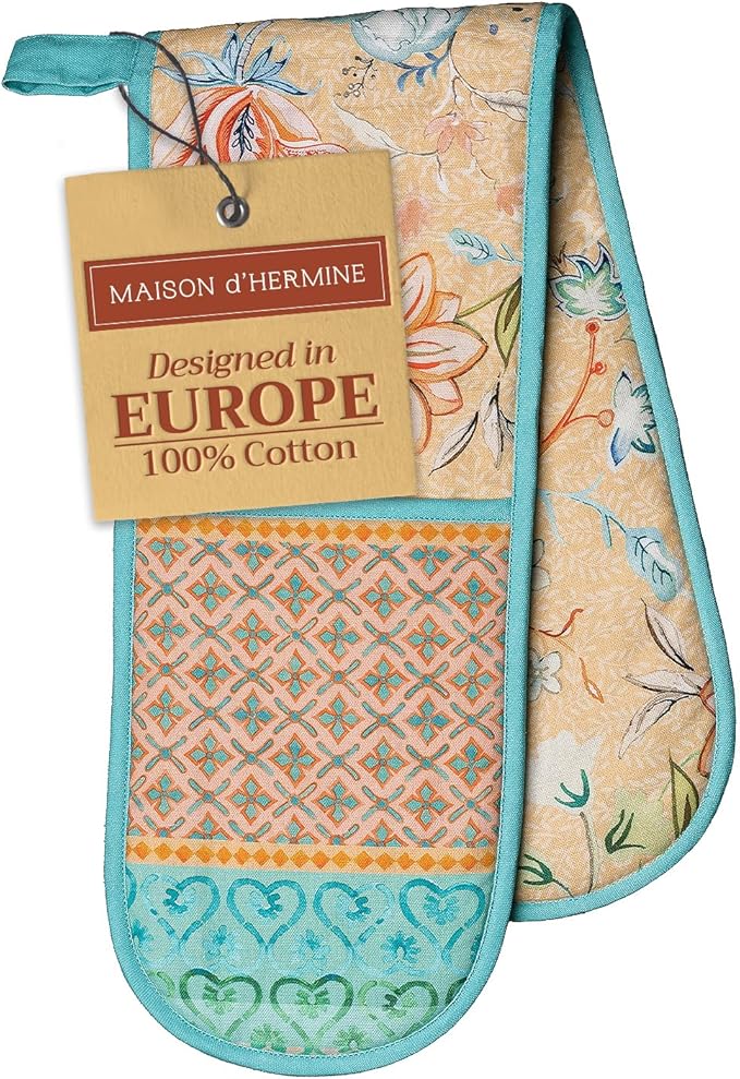 Maison d' Hermine Double Oven Mitts 100% Cotton 7"x35" Double Oven Mitt Heat Resistant BBQ Cooking Gloves with Loop Baking Grilling Kitchen Hotel Home Farmhouse Spring Summer (Luxury Loft - Peach)