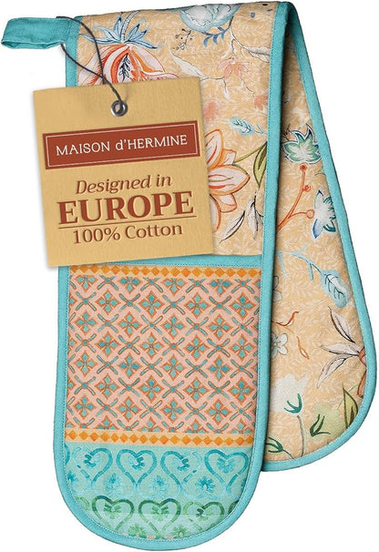 Maison d' Hermine Double Oven Mitts 100% Cotton 7"x35" Double Oven Mitt Heat Resistant BBQ Cooking Gloves with Loop Baking Grilling Kitchen Hotel Home Farmhouse Spring Summer (Luxury Loft - Peach)