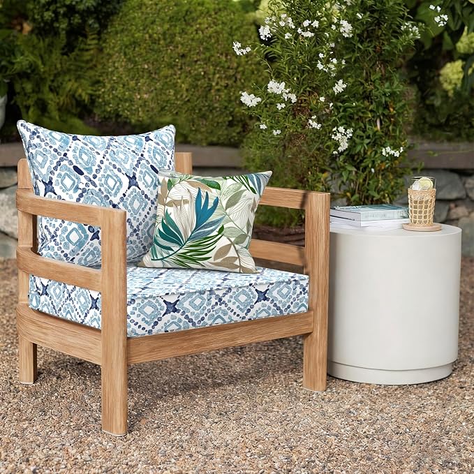 DYTXIII Outdoor Deep Seat Cushion Set, Water Repellent 24"x24" Patio Thick Cushions Replacement with Seat & Back Pillow for Patio Sofa, Wicker Chair, Couch - Boho Geometry Blue