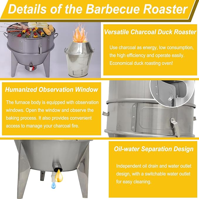 Charcoal Roast Duck Oven Commercial BBQ Roaster, 3-Tier Multifunctional Stainless Steel Grill with Hooks, Tail Pins for Duck/Chicken/Turkey/Pig/Vegetables Roasting in Restaurant/Home/Outdoor