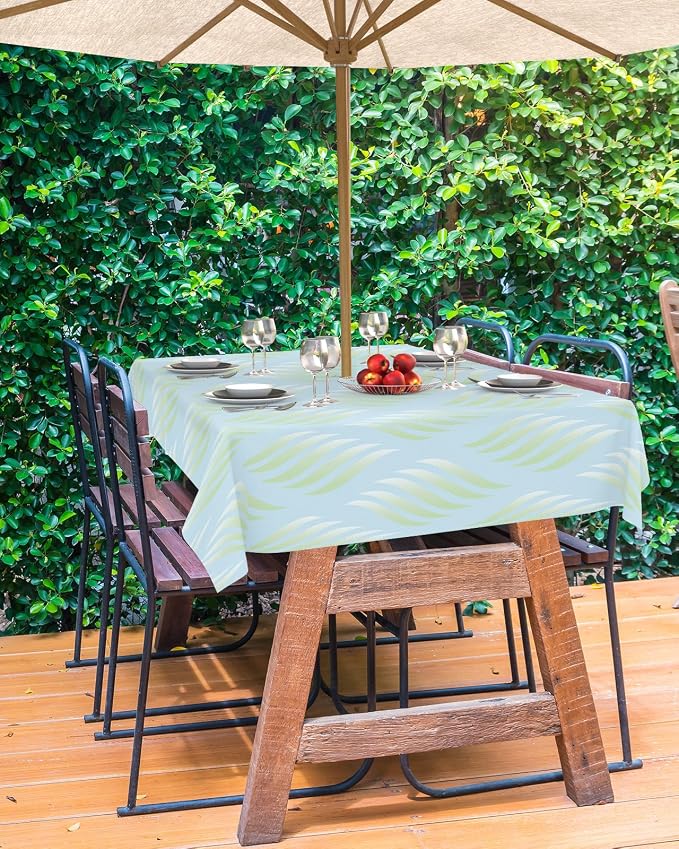 QueenKer Outdoor Tablecloth with Umbrella Hole,Abstract Leaves Lines Geometric Natural Patterns Ombre Green Rectangle Tables Waterproof Tabletop Collection for Patio,Garden,Picnic,Camping 54x80 inch