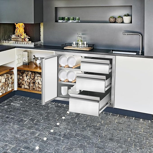Outdoor Kitchen Drawer Combo Cabinet Stainless Steel Triple Drawers & Access Door, 28" W x 22" H x 19.5" D, Multi-Layer Design with Partition, Perfect for BBQ Grill Station