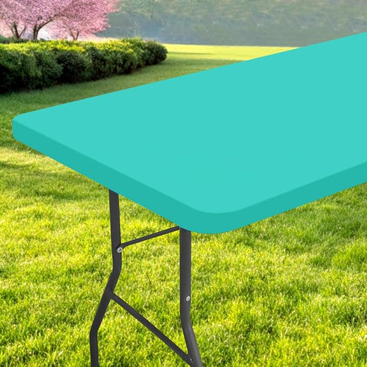 Rectangle Table Cloth, Waterproof Elastic Fitted Tablecloth for 8 Foot Folding Tables, Washable Polyester Tablecloths for Picnic, Camping, Outdoor (Aqua, 30"x96")
