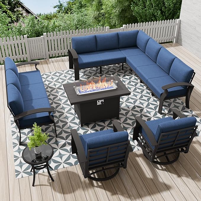 45" Propane Fire Pit Table,55000 BTU Aluminum Firepit,Outdoor Fire Pit with Fire Glass,Lid,Waterproof Cover and Blue Glass Stone for Backyard,Garden,Patio