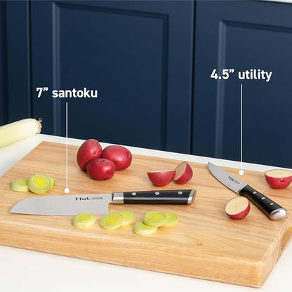 Tefal Ice Force Santoku and Utility Kitchen Knife Set, 2-Pack, 7 in | X50CrMoV15 German steel, Ice hardening technology, 26-degree blade edge, Ergonomic finger guard, Hand wash only