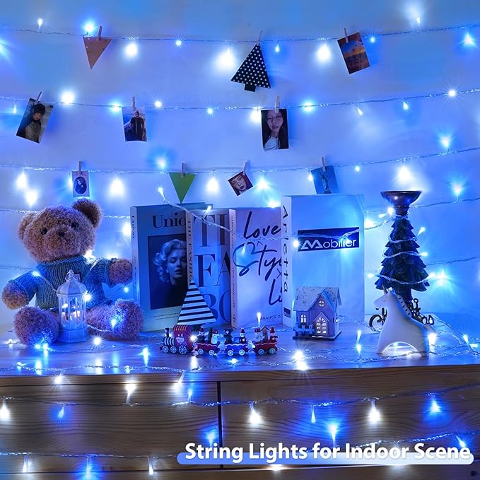 2 Pack String Lights Battery Operated with Timer, 66FT 200 LED Waterproof Battery Twinkle Lights, 8 Modes Fairy Light for Indoor & Outdoor Party Bedroom Porch Tree Christmas Decorations (Blue & White)