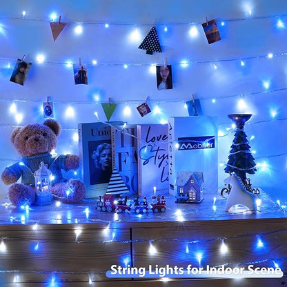 2 Pack String Lights Battery Operated with Timer, 66FT 200 LED Waterproof Battery Twinkle Lights, 8 Modes Fairy Light for Indoor & Outdoor Party Bedroom Porch Tree Christmas Decorations (Blue & White)