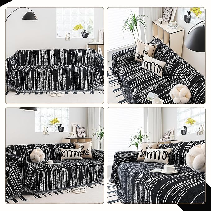 WEYOND Chenille Couch Cover Tassels, Sofa Cover Washable, 71" x 134", Black | Pet Friendly Sofa Slipcover for Sectional Sofa, Loveseat, 2 or 3 Cushion Couch, Corner Sofa, Futon Cover