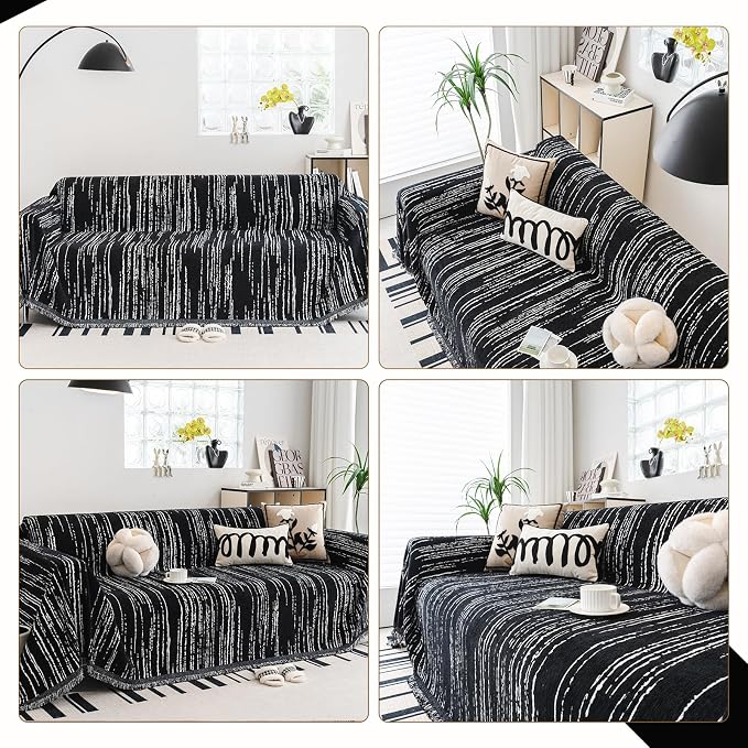 WEYOND Chenille Couch Cover Tassels, Sofa Cover Washable, 71" x 102", Black | Pet Friendly Sofa Slipcover for Sectional Sofa, Loveseat, 2 or 3 Cushion Couch, Corner Sofa, Futon Cover