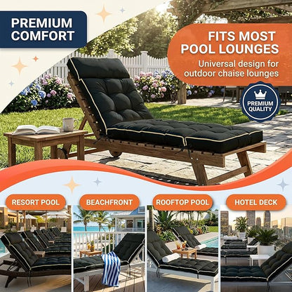 MAGIC ELEPHANT Chaise Lounge Cushion Outdoor, Memory Foam Patio Lounge Chair Cushion with Ties for Indoor Outdoor Furniture, Waterproof Replacement Long Chair Cushion (Black)