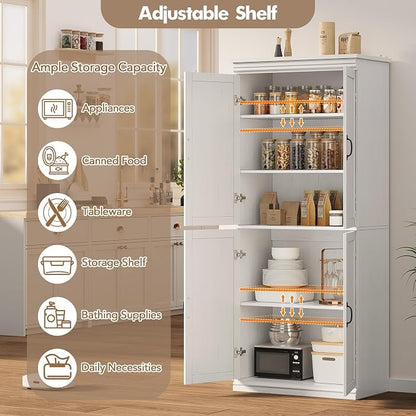 IDEALHOUSE Pantry Cabinet, White 4-Door with Adjustable Shelves, 70" H | Freestanding Cupboard with 5 Interior Compartments, Dining Room, Kitchen, Bathroom, Living Room