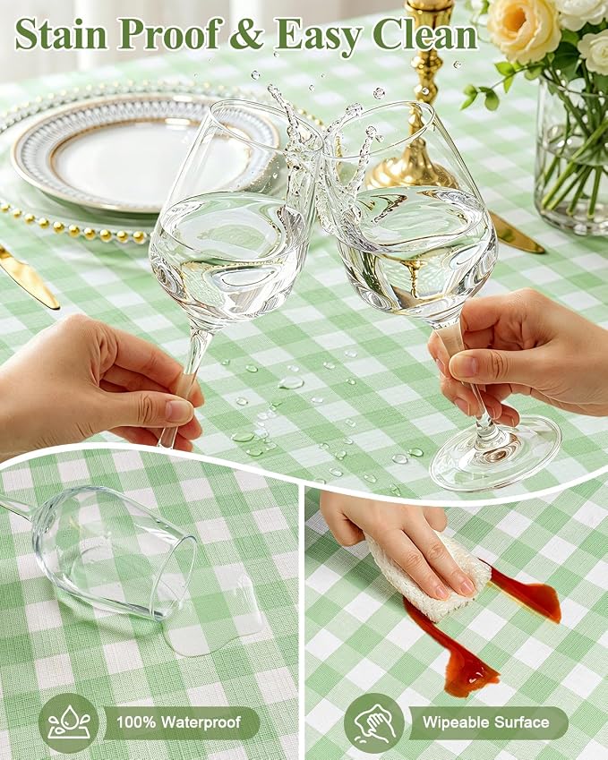 Seenus Flannel Backed Gingham Plastic Tablecloth, Waterproof & Wipeable Light Green Checkered Table Cover, Non-Slip Picnic Tablecloth for Birthday Party, Outdoor Patio, Rectangle 60x84 Inch