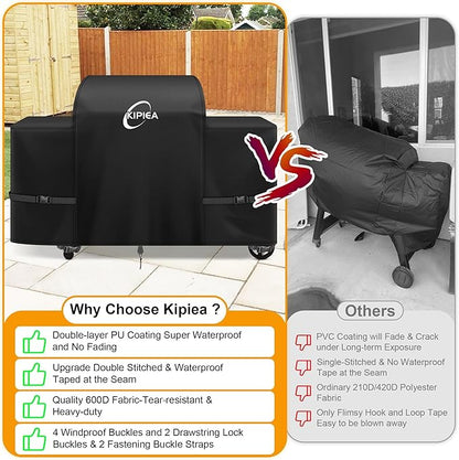 Kipiea Heavy Duty Grill Cover for Traeger Woodridge Elite/Pro/Pro Plus, 600D Oxford Wood Pellet Smoker Covers Waterproof & Windproof, Pellet BBQ Grill Cover for Outside Anti-UV, No Tear, No Fading