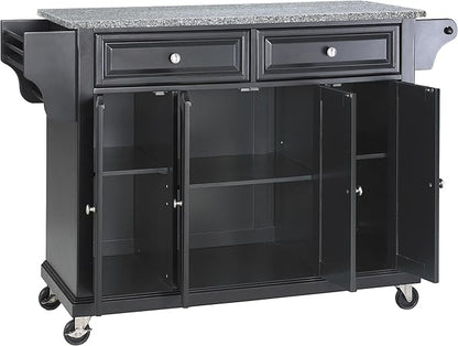 Crosley Furniture Full Size Granite Top Rolling Kitchen Island Storage Cart, Microwave Stand, Spice Rack, Black