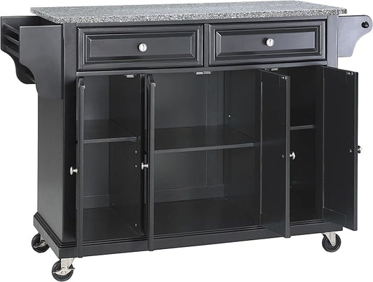 Crosley Furniture Full Size Granite Top Rolling Kitchen Island Storage Cart, Microwave Stand, Spice Rack, Black