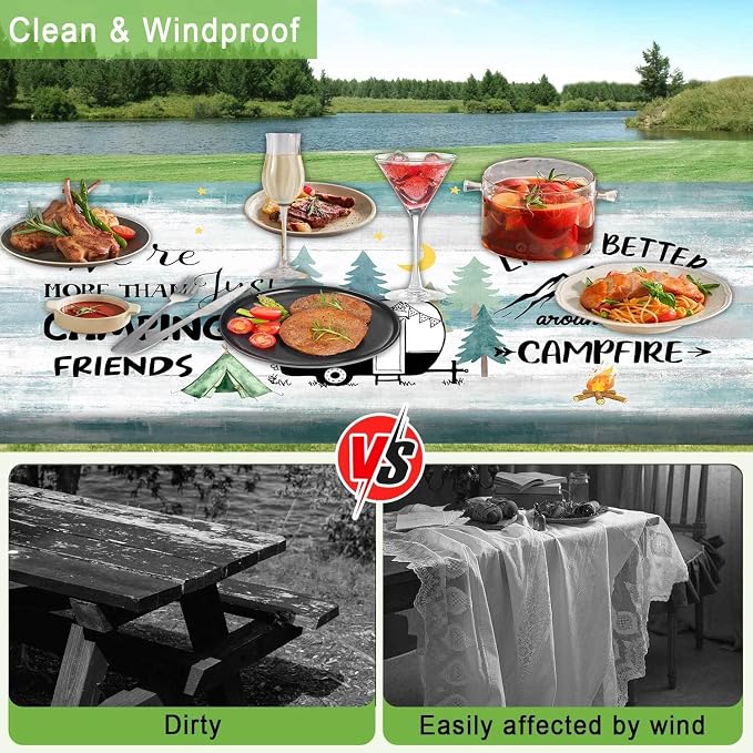 Happy Camper Picnic Table Cover with Bench Covers Elastic Edges, Wooden Camper Fitted Table Cover, Outdoor Patio Camping Essentials 72 Inch 3PCS, Waterproof Camping Tablecloth with Drawstring Bag