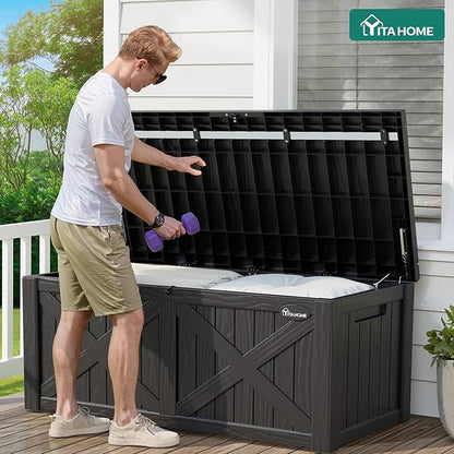 YITAHOME 150 Gallon Large Outdoor Storage Box with X-Shaped Front, Waterproof Resin Deck Box Cushion Storage Bench for Patio, Pool Supplies, Garden Tools - Lockable, Black