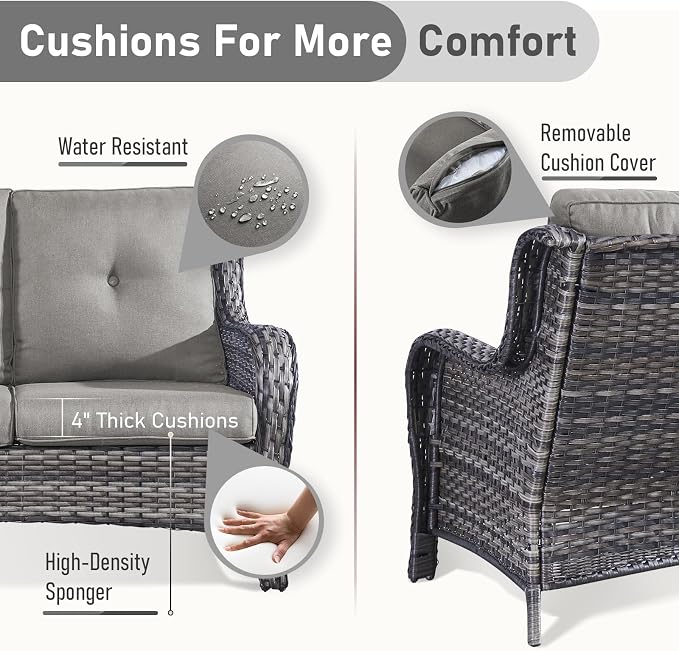 Outdoor Patio Furniture - 3 Seater Outdoor Rattan Wicker Sofa Patio Couch with Ottoman for Porch Deck Garden Backyard - Grey/Grey