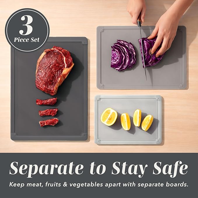COOK WITH COLOR Extra Large Cutting Board Set, Jumbo-Sized Boards with Rubber Border for Enhanced Cooking Experience, 3-Piece, Grey